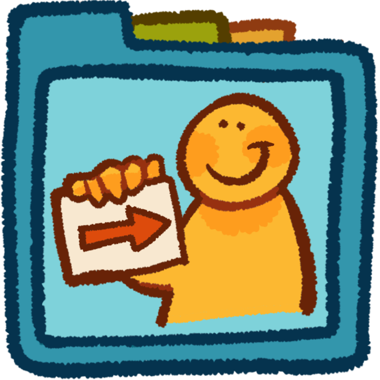 a smiling yellow figure holding a piece of paper with a red arrow pointing to them inside a teal folder that has green and orange folder tabs behind it.